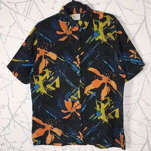 Christina VTG Artsy Abstract Paint Print 100% Silk Button Front Shirt